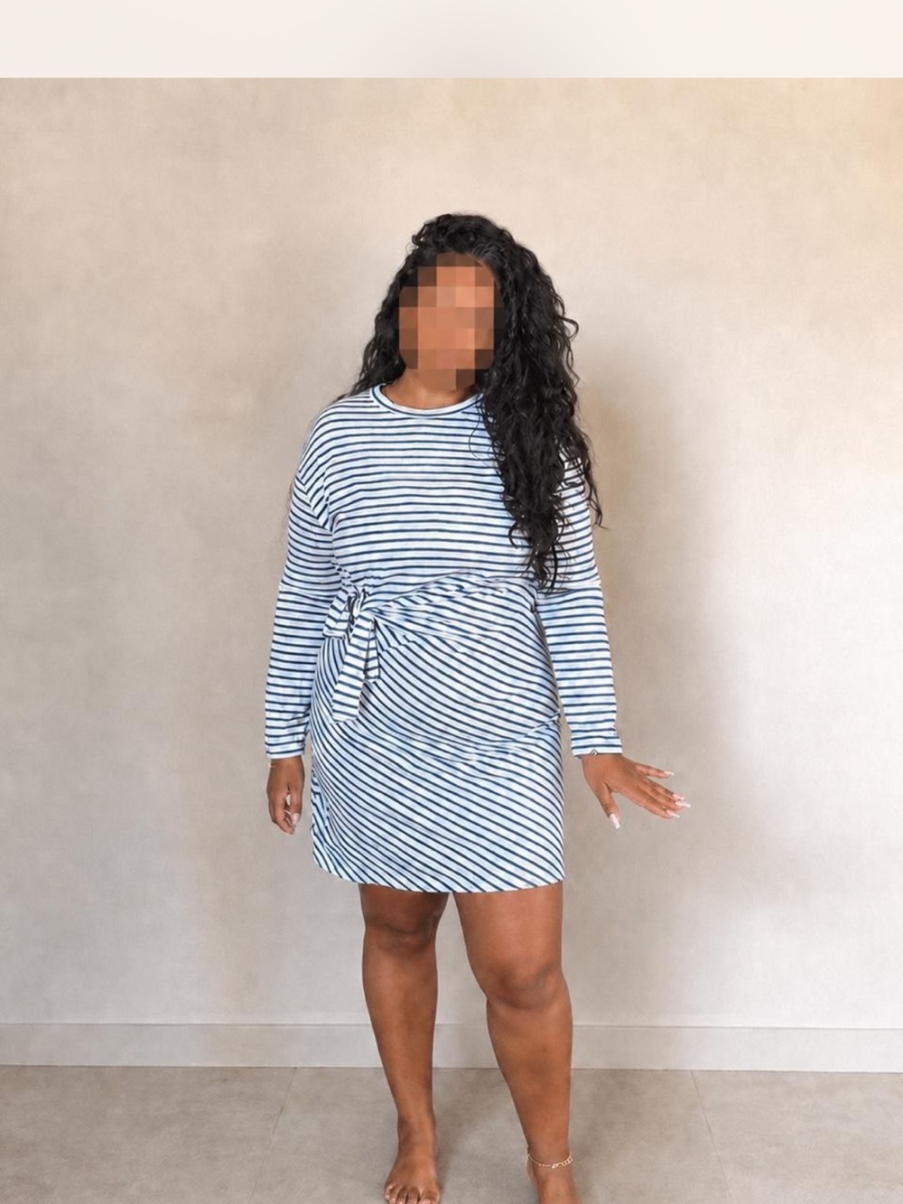 Striped Long-Sleeve Tie-Waist Dress - Blue & White